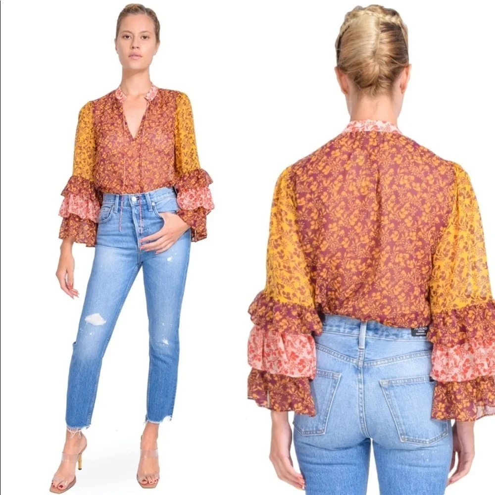 Alice + Olivia Floral Sheer Blouse - Yellow and Red - Picture 3 of 12